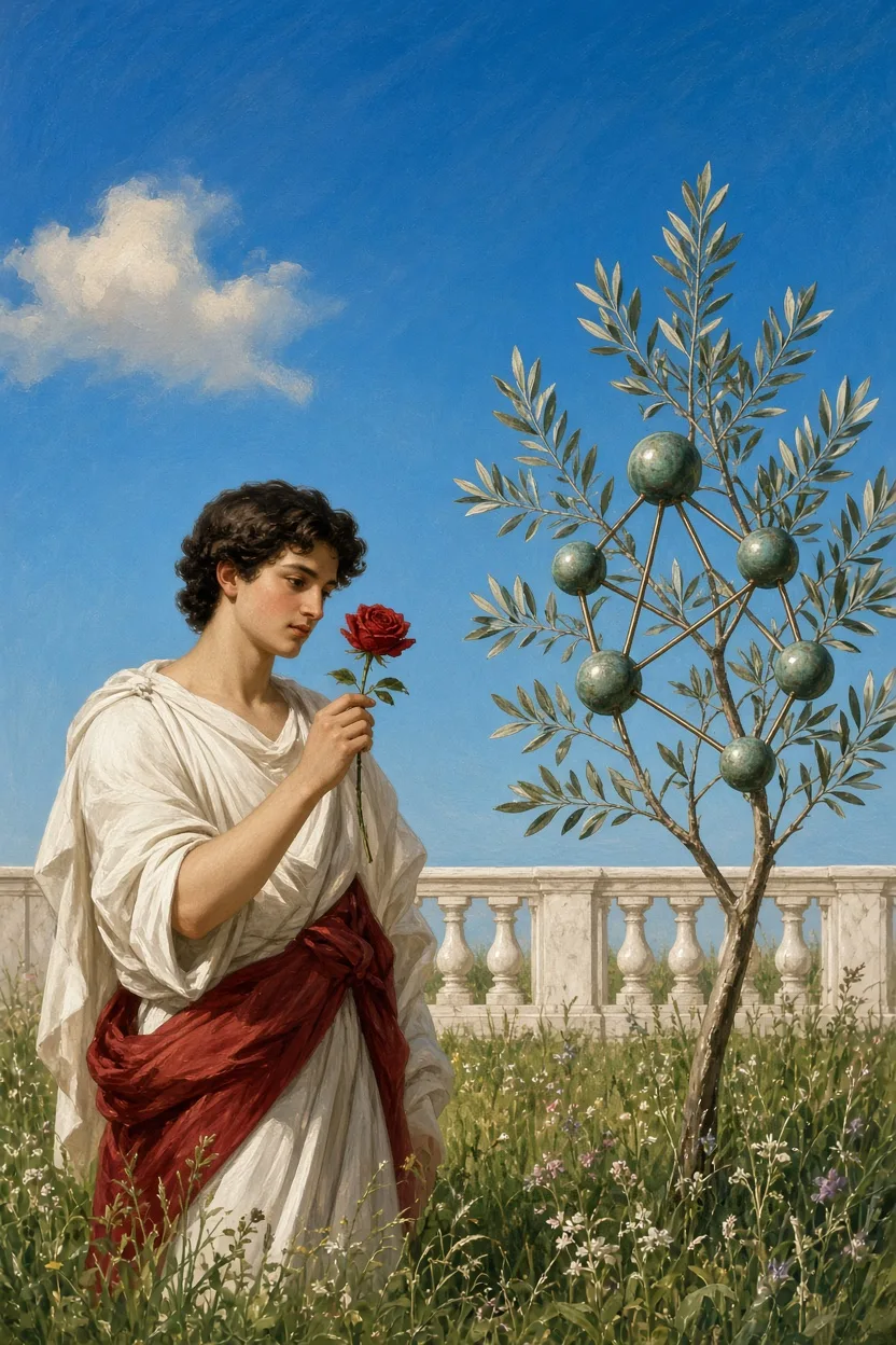 Neoclassical painting: a scholar in white robes with a crimson sash studies a red rose beside a young olive tree whose branches carry small verdigris spheres, like a neural network grown into the tree.